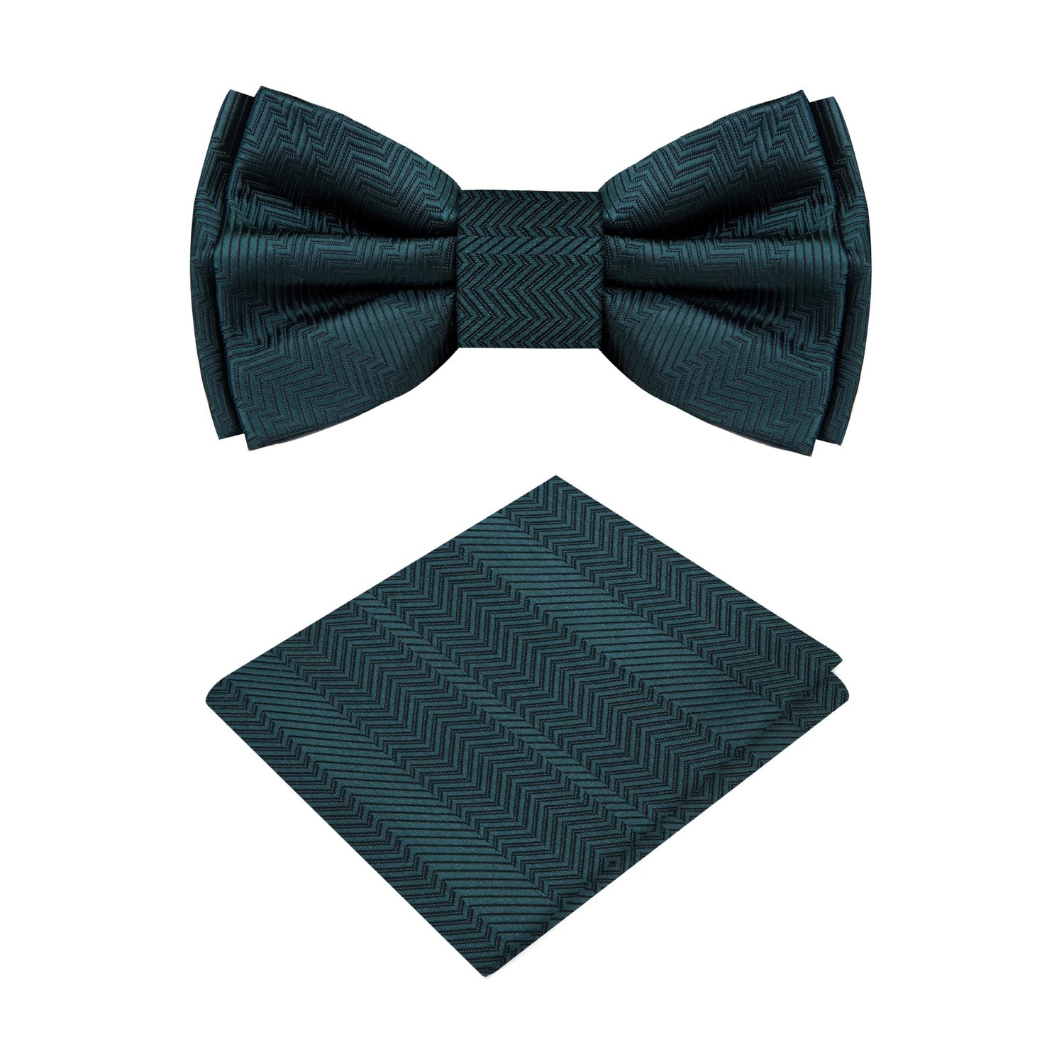 A Solid Deep Pine Green Pattern Silk Self Tie Bow Tie, Matching Pocket Square