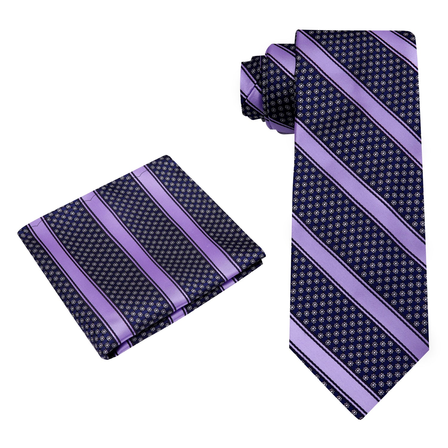 Alt View; Deep Purple, Purple Yellow Stripe with Flowers Tie and Pocket Square