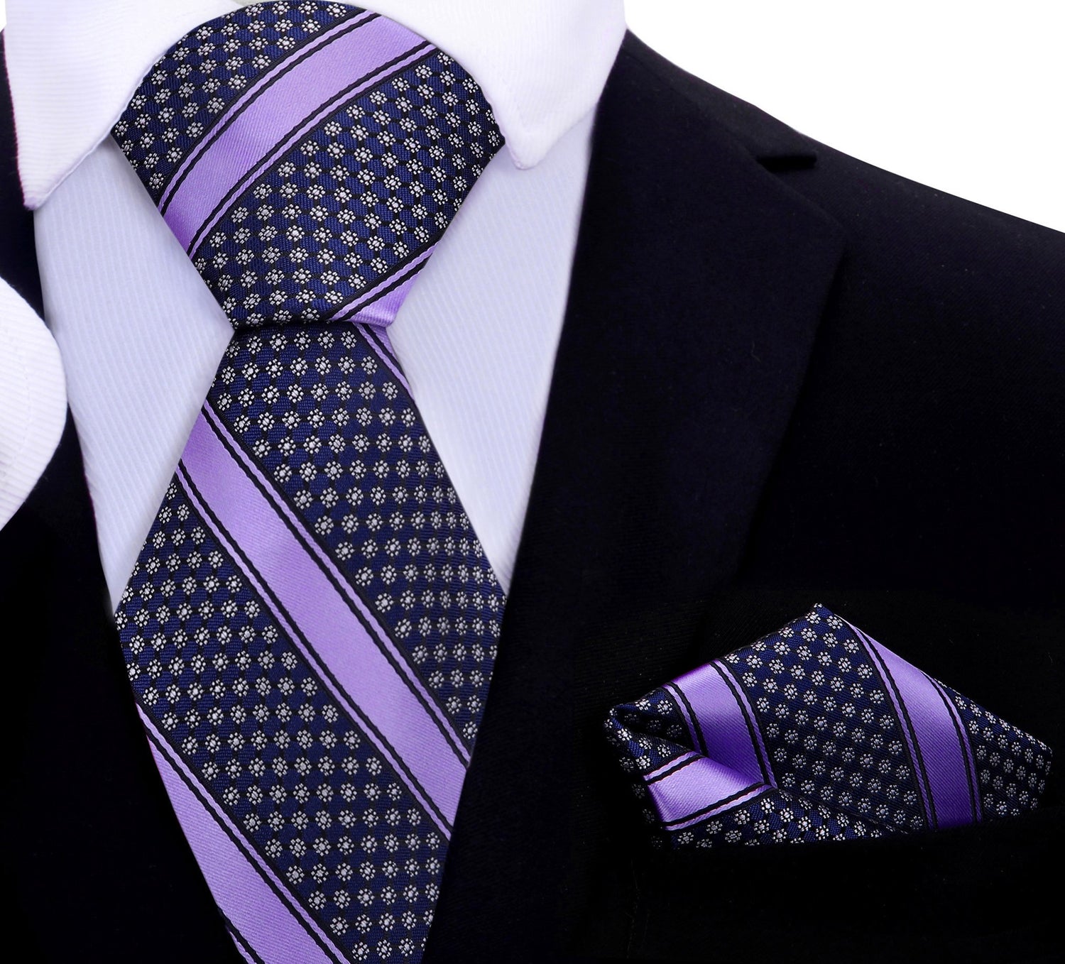 Deep Purple, Purple Yellow Stripe with Flowers Tie and Pocket Square
