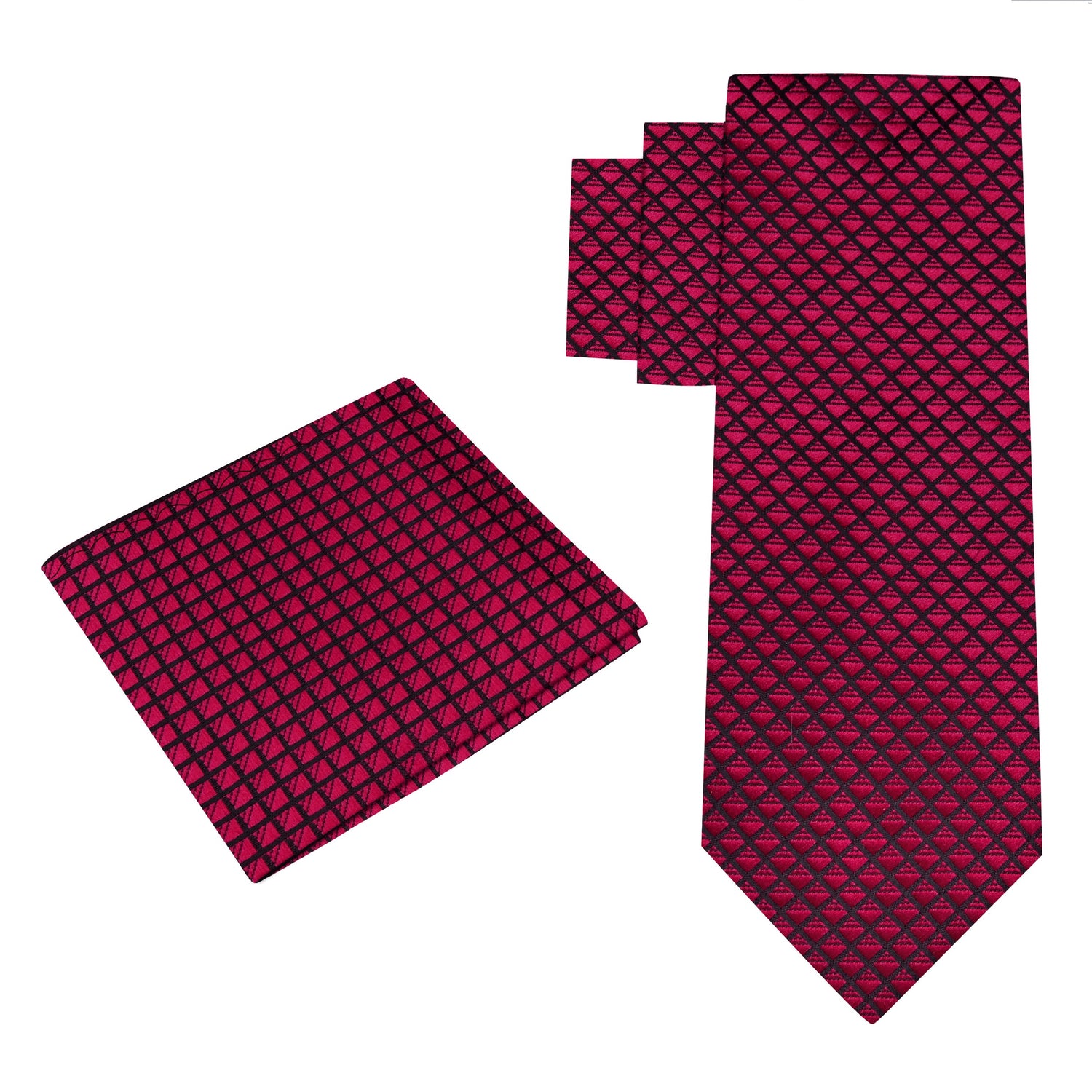 Alt View: A Burgundy, Black Small Check Pattern Silk Necktie, Matching Pocket Square