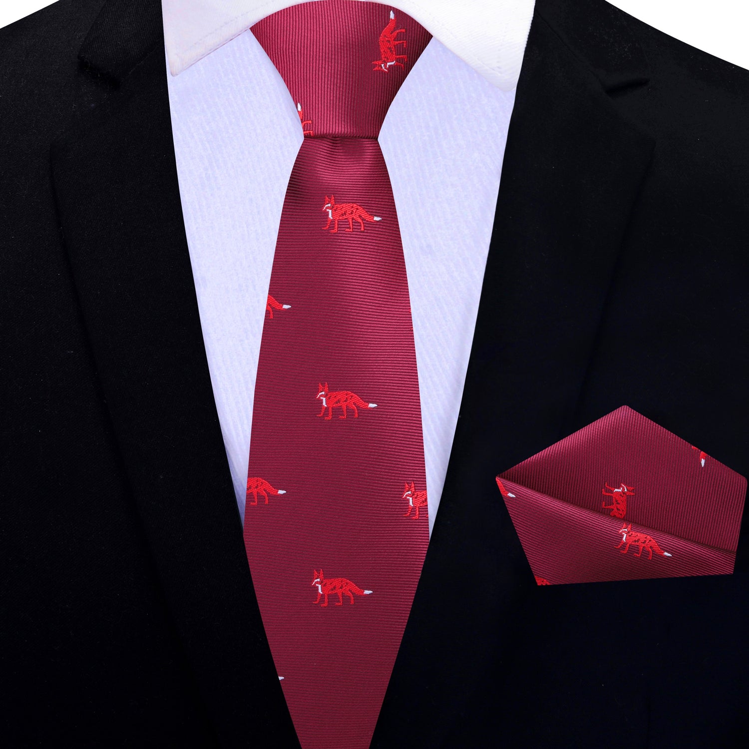 Deep Red, Red Fox Silk Thin Necktie and Pocket Square