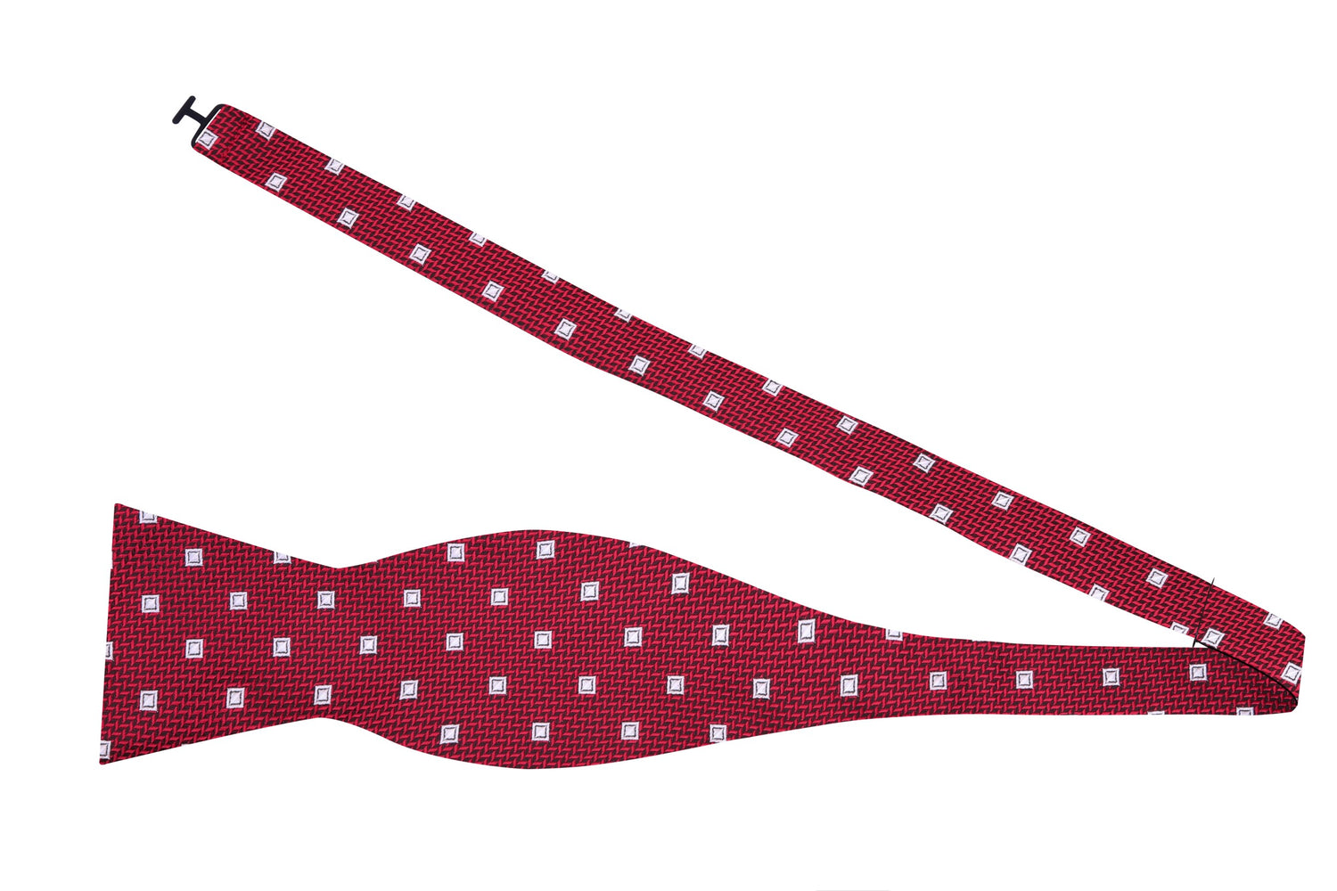 Untied View:A Dark Red, Grey Geometric Diamond Stripe Pattern Silk Self Tie Bow Tie