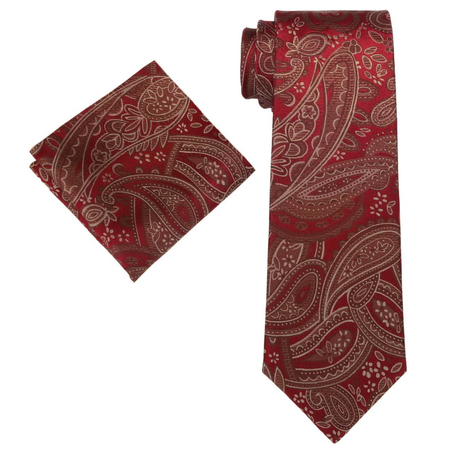 View 2: A Deep Red, Brown Paisley Pattern Silk Necktie, Matching Pocket Square