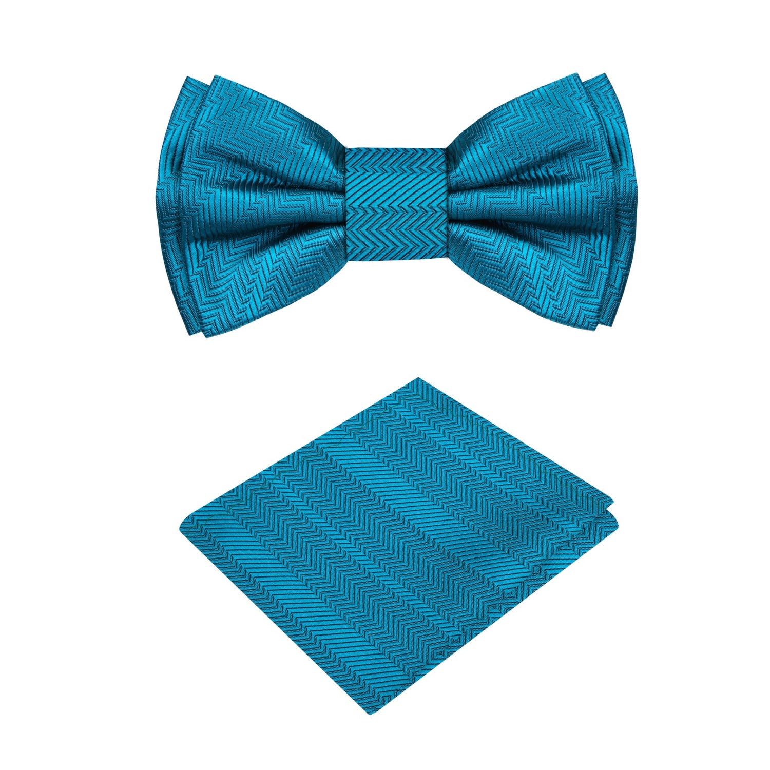 A Deep Teal Green Pattern Silk Self Tie Bow Tie, Matching Pocket Square