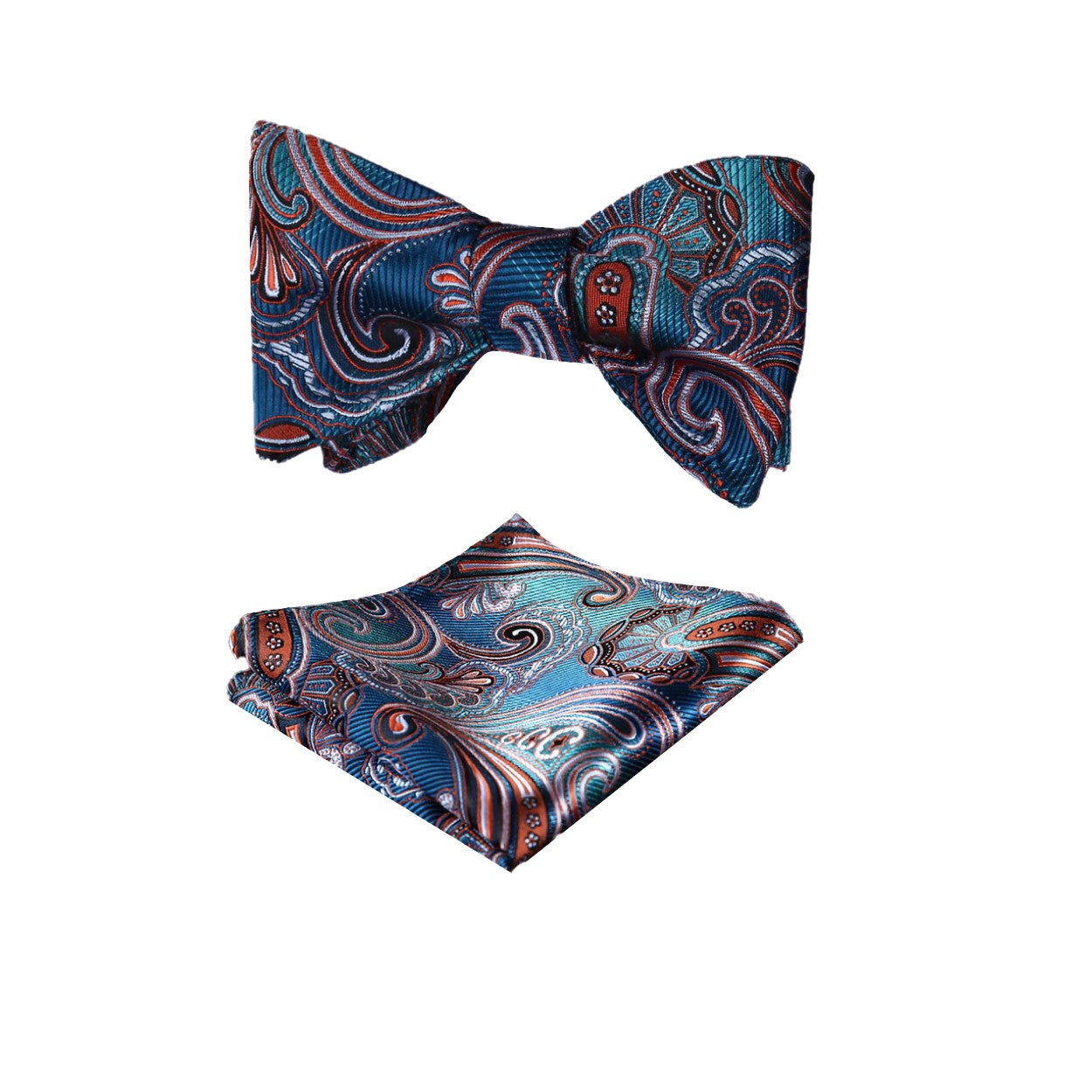 A Teal, Orange Paisley Pattern Silk Bow Tie and Matching Silk Pocket Square