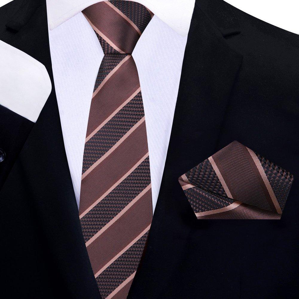 Dark Brown Thin Stripe Tie and Pocket Square||Dark Brown