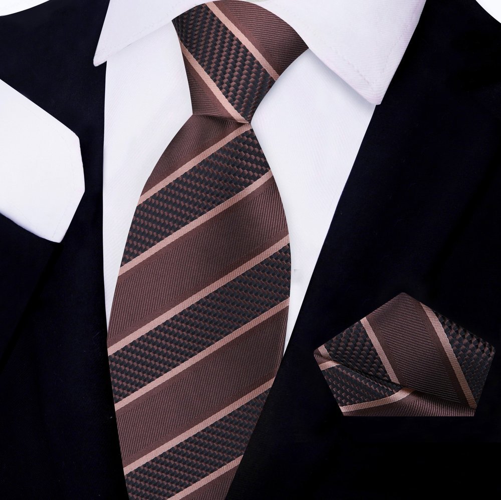 Dark Brown Stripe Tie and Pocket Square||Dark Brown