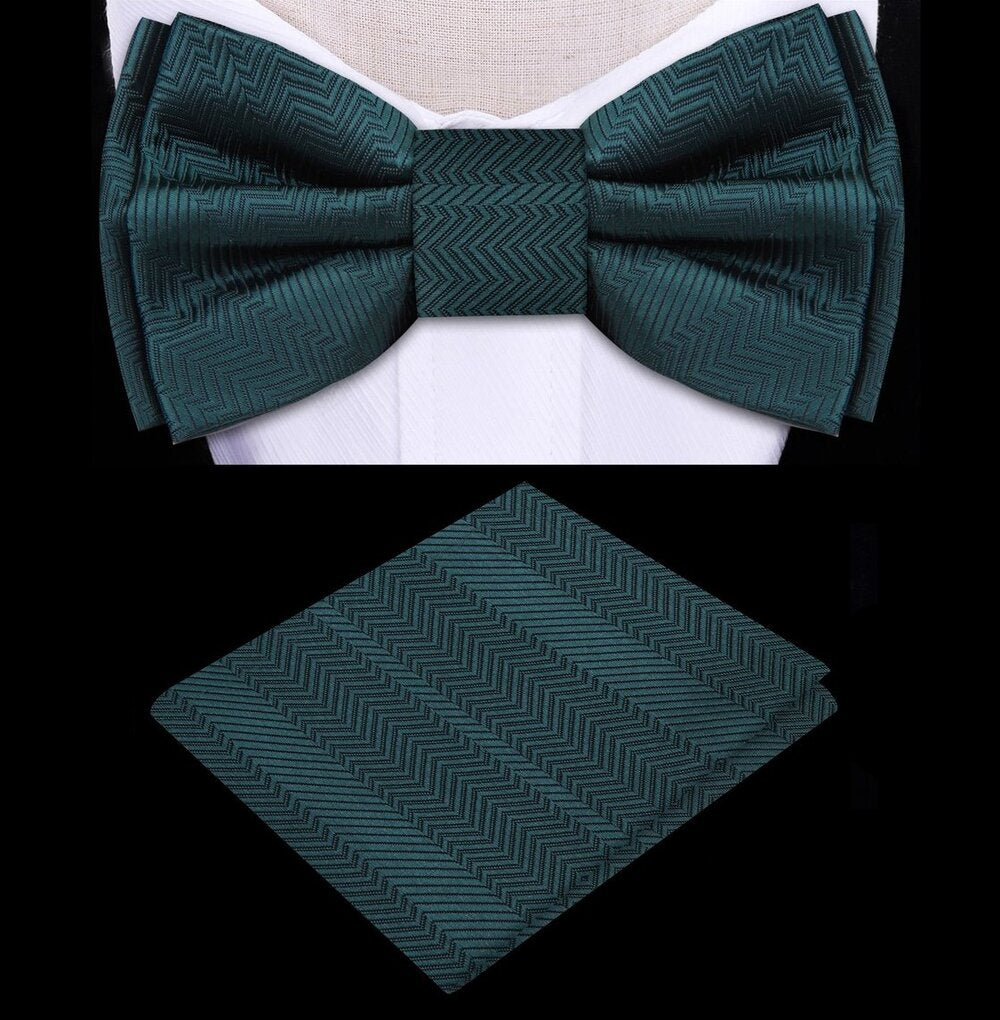 A Solid Pine Green Color with Lined Texture Pattern Silk Kids Pre-Tied Bow Tie, Matching Pocket Square 