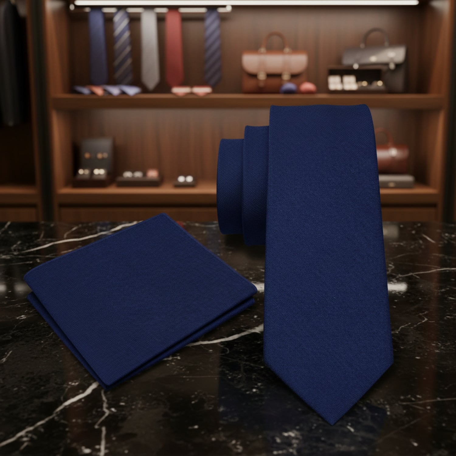 Alt View: Dark Blue Linen Tie and Pocket Square