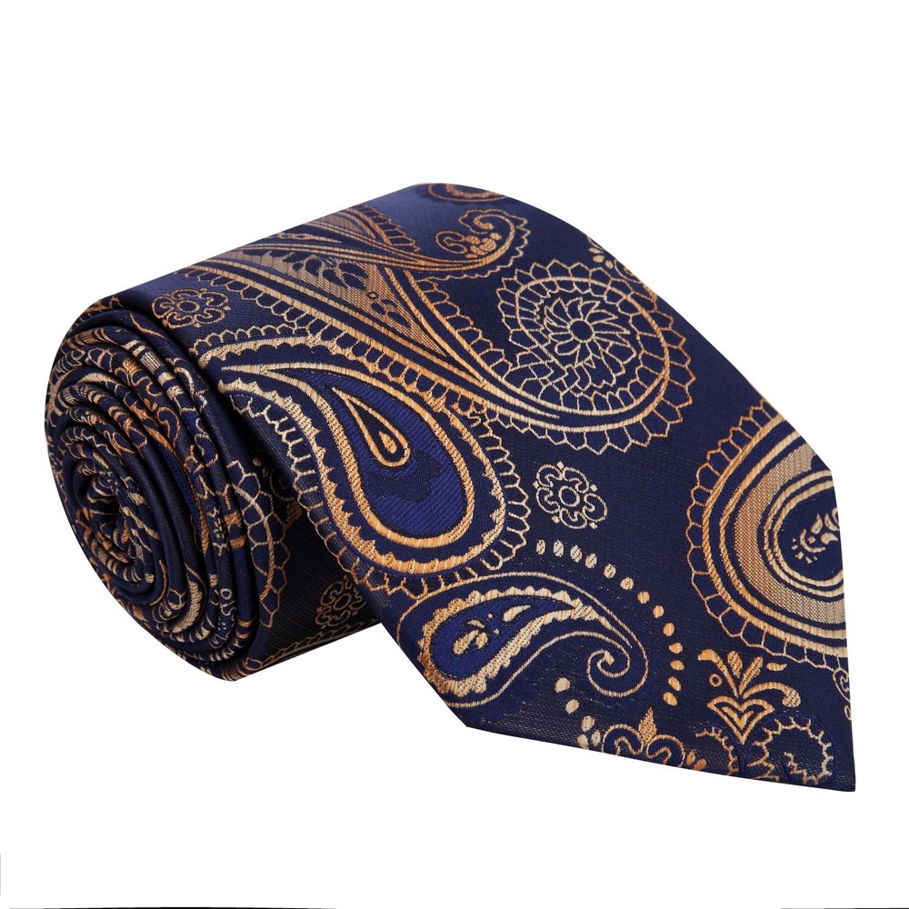 A Dark Blue, Gold Paisley Pattern Silk Necktie 