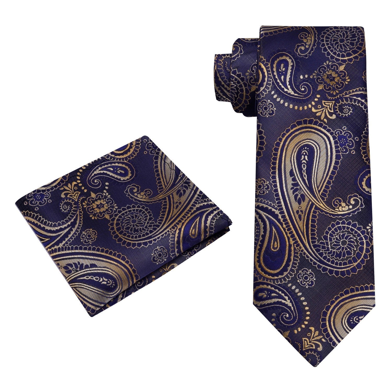 Alt view: A Dark Blue, Gold Paisley Pattern Silk Necktie, Matching Pocket Square