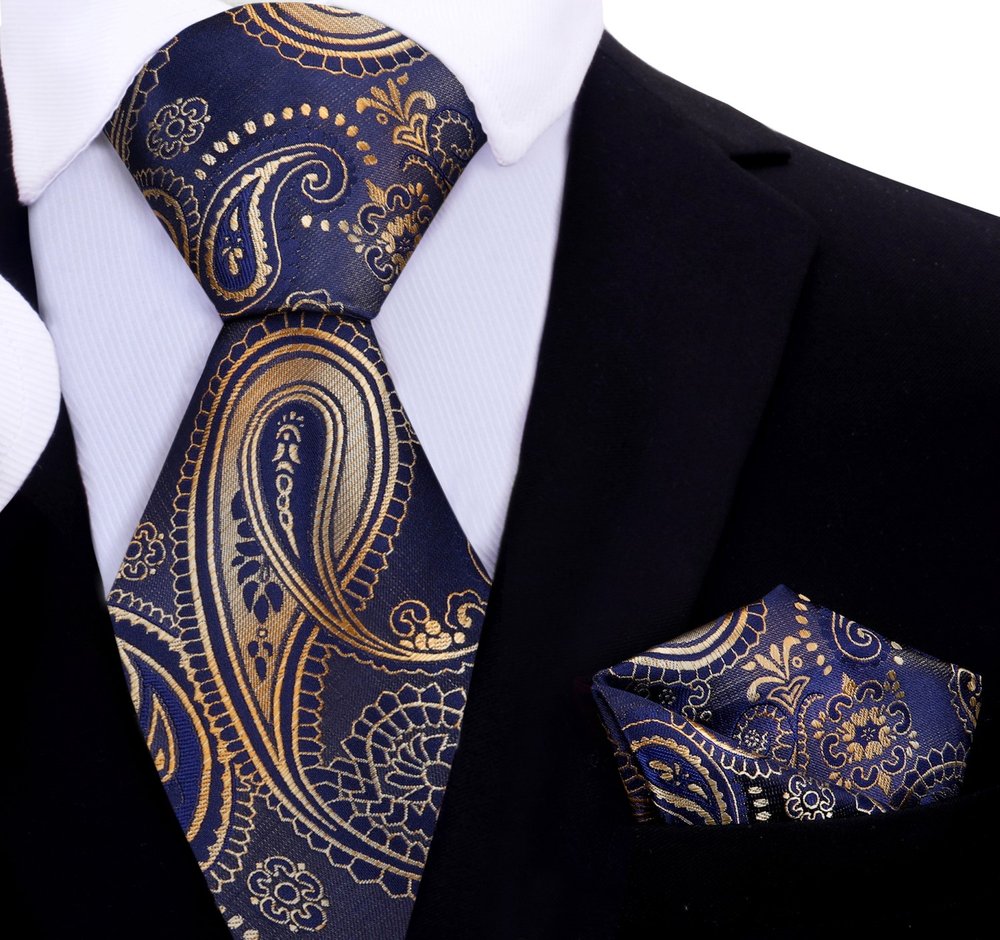 Main View: A Dark Blue, Gold Paisley Pattern Silk Necktie, Matching Pocket Square