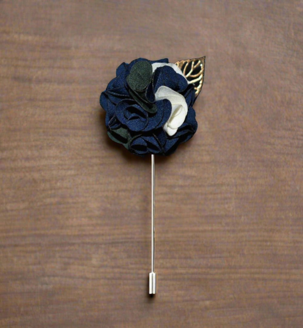 A Deep Blue, Deep Green and White Detailed Lapel Flower With Gold Colored Metal Leaf Lapel Pin||Deep Blue, Deep Green, White