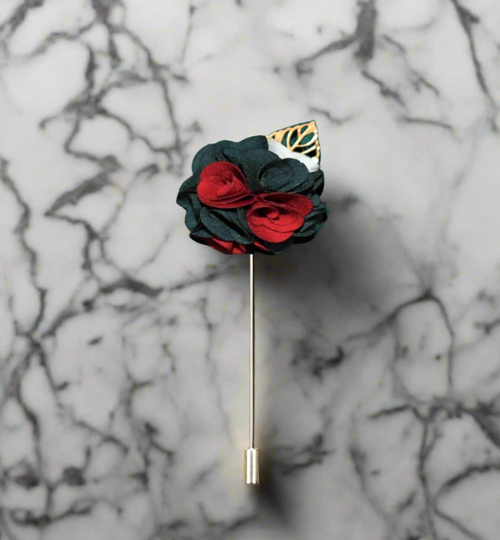 A Green, Red, White Detailed Lapel Flower With Gold Colored Metal Leaf Lapel Pin||Deep Green, Red, White