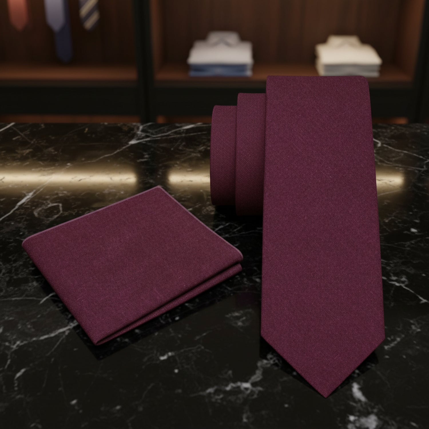 Alt View: Deep Red Linen Tie and Pocket Square