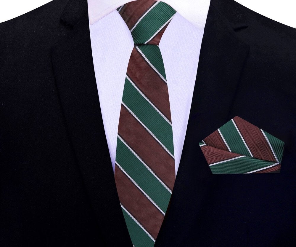 Brown, Green Block Stripe Thin Tie and Square