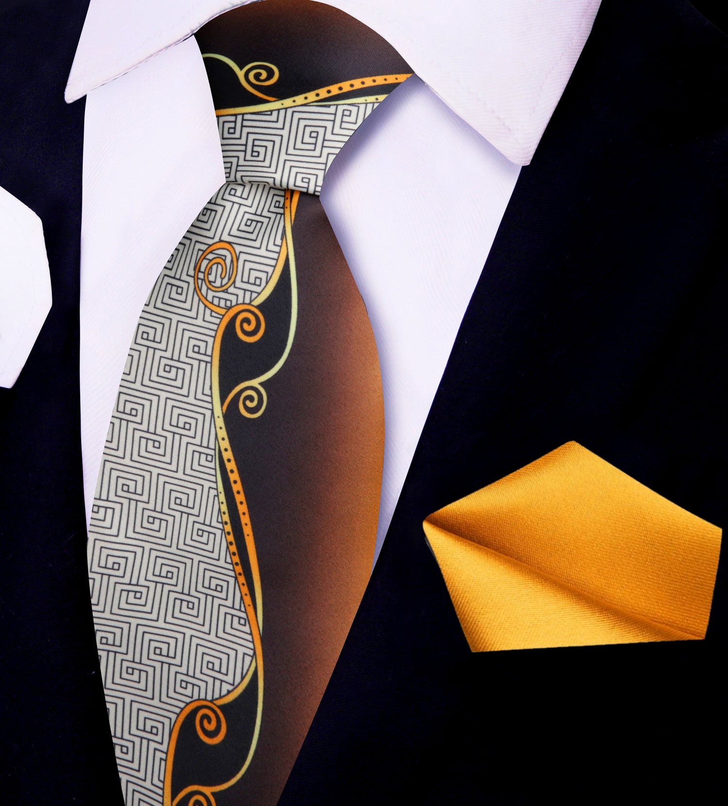 Golden Brown Abstract Tie and Pocket Square