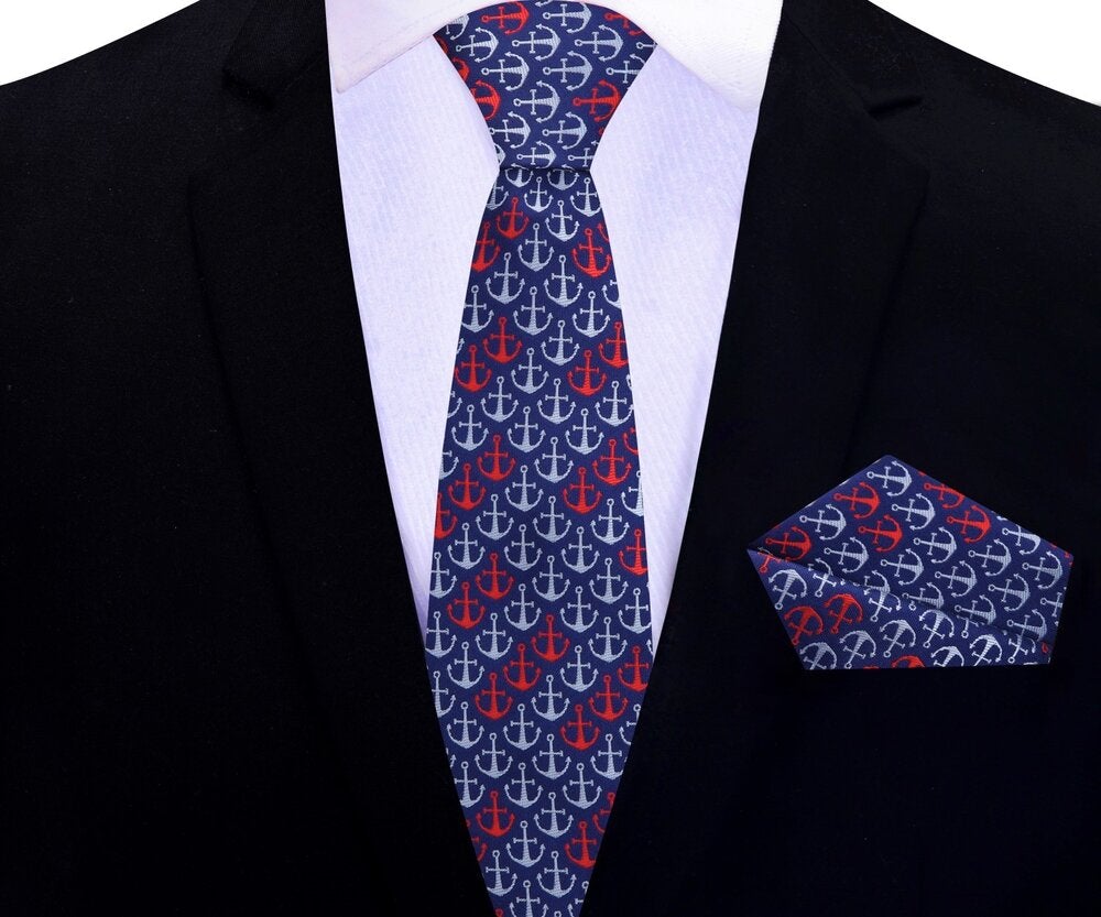 Thin Tie View: Blue, Red, Grey Anchors Thin Tie and Pocket Square