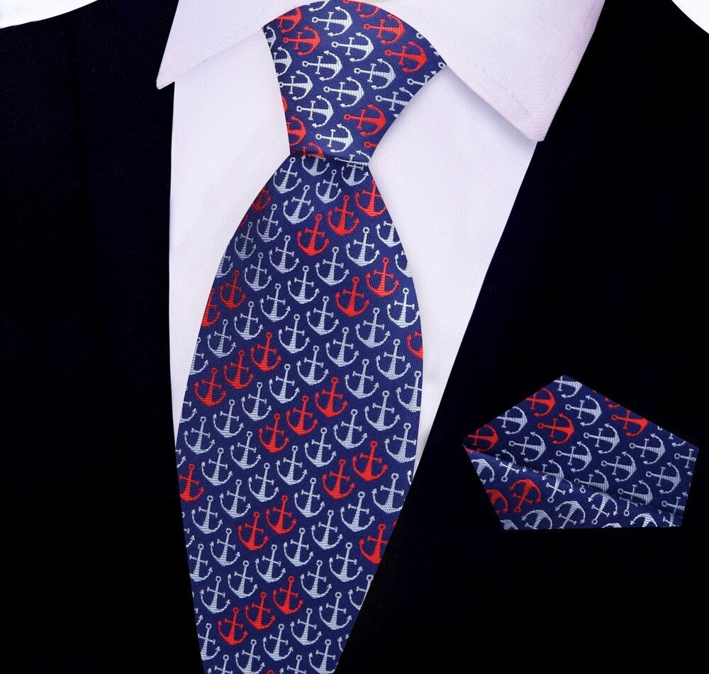 Blue, Red, Grey Anchors Thin Tie and Pocket Square