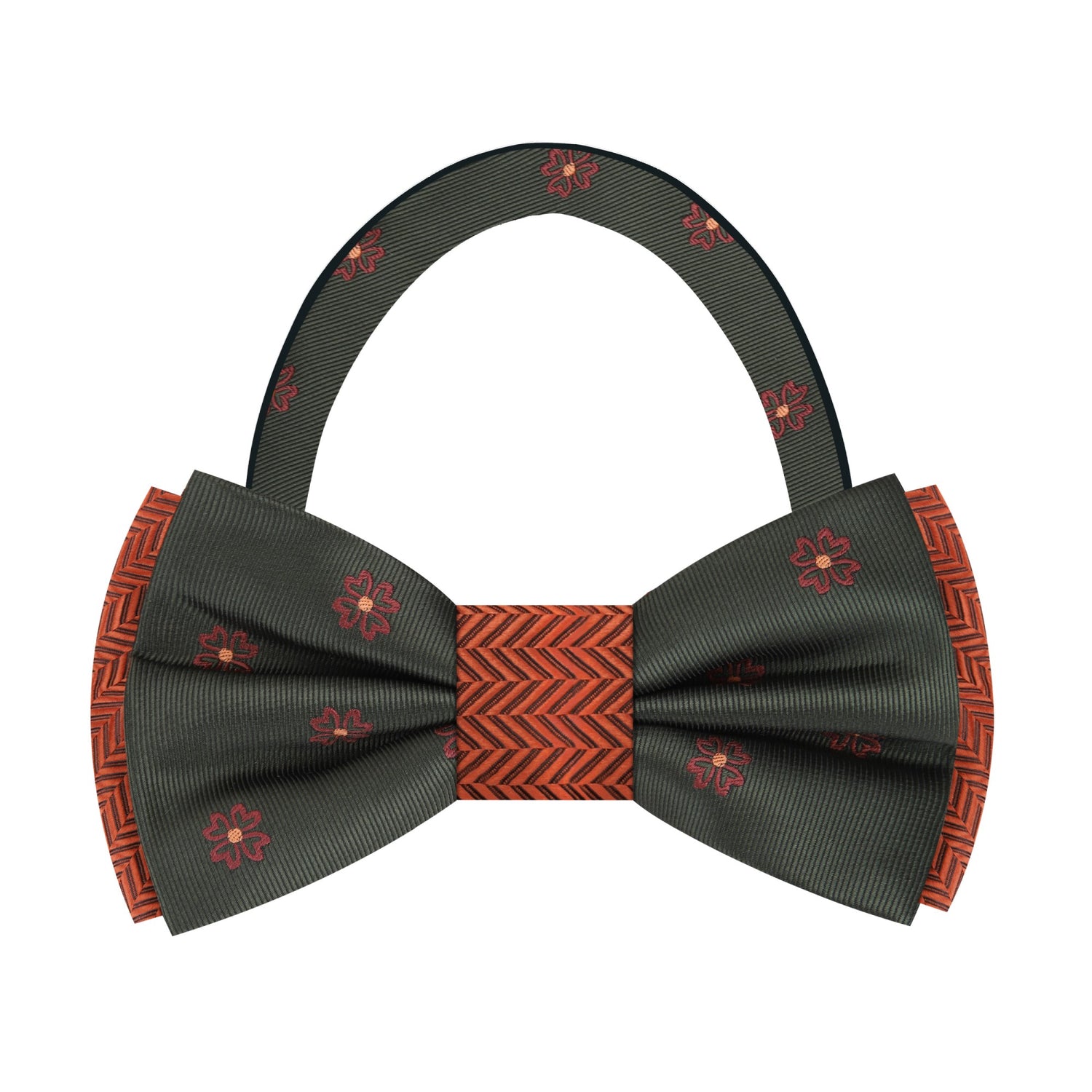 Charcoal, Red, orange Clovers and Crosshatch Bow tie  Pre Tied