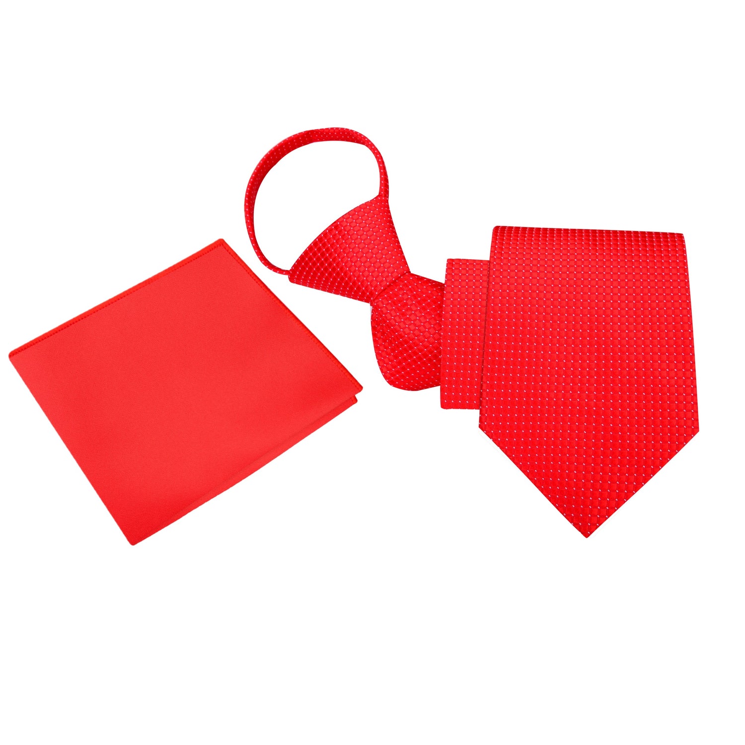 Zip Tie: Main View: A Bright Red With White Check Pattern Silk Necktie and Red Square