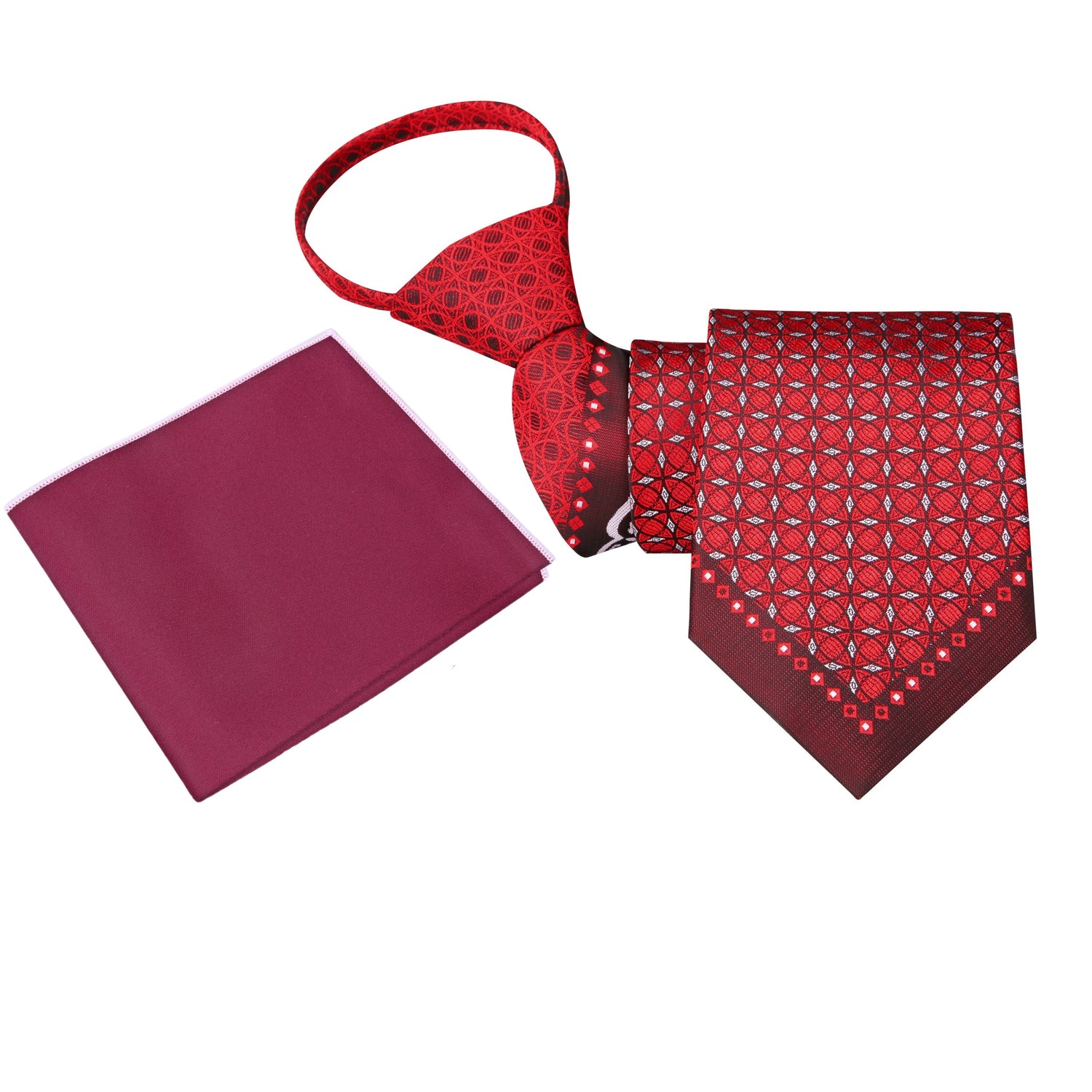Zip Tie: A Red and Light Brown Sphere Abstract Pattern Silk Necktie with Dark Red Tie Tip, Deep Red Pocket Square