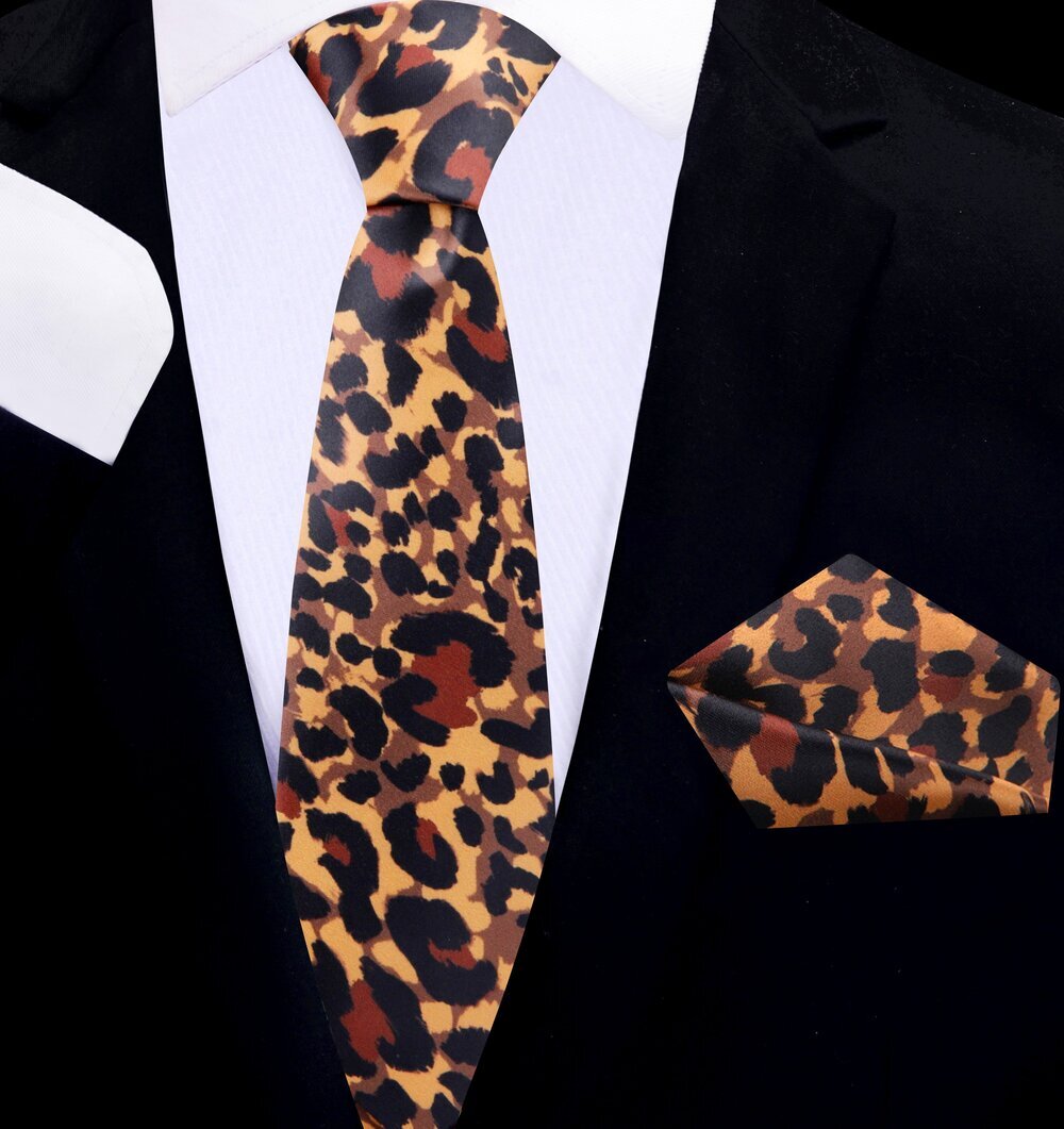 Thin Tie: Orange, Black Cheetah Print Tie and Square||Brown