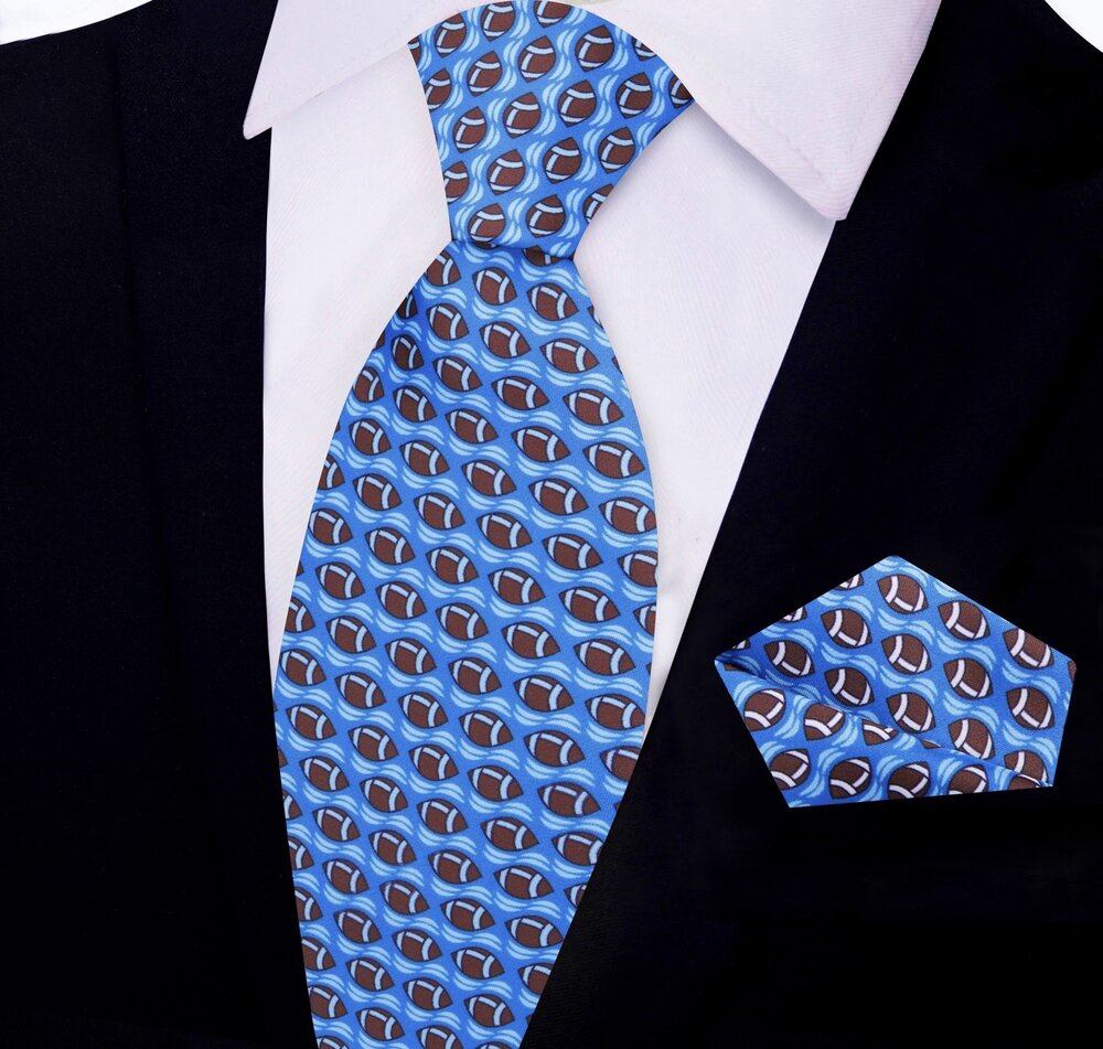 Blue, Brown Footballs Tie and Pocket Square||Blue
