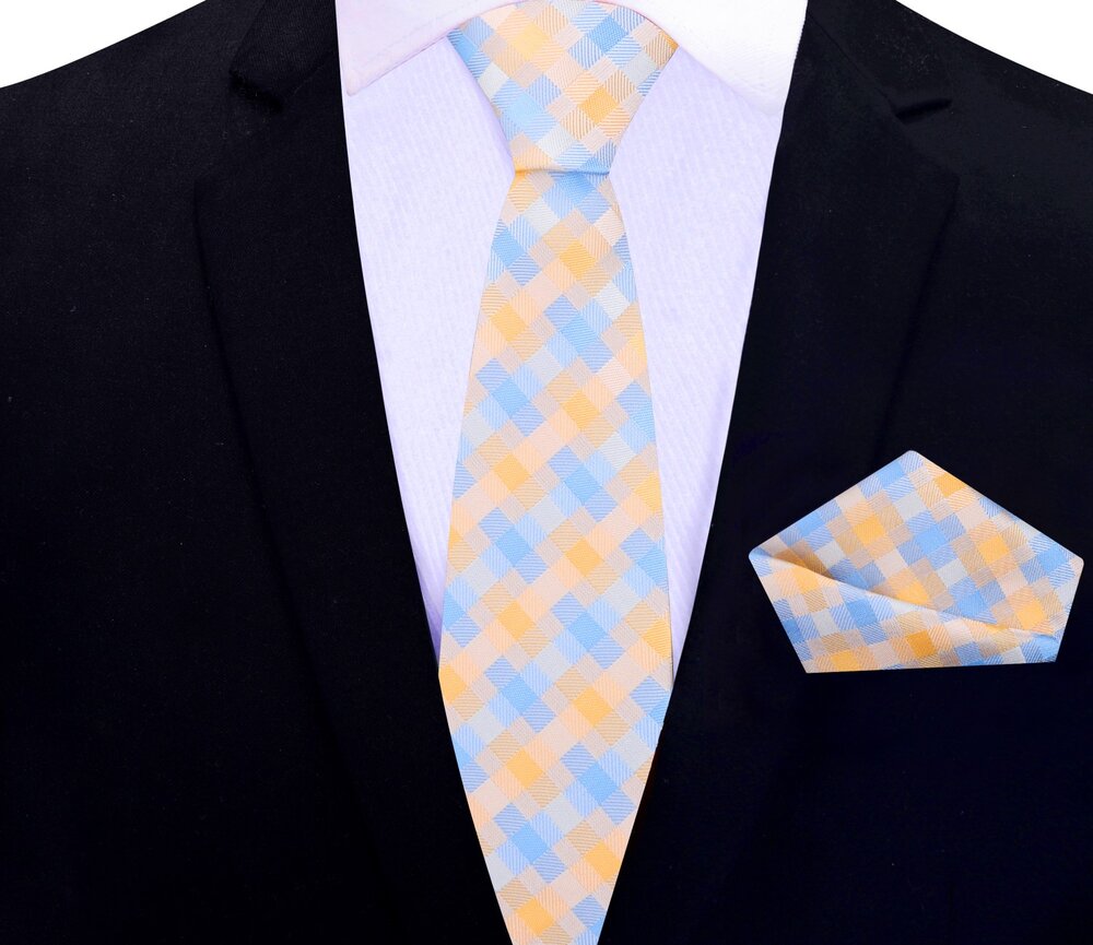 Thin Tie: Pale Papaya, Light Blue Geometric Tie and Pocket Square