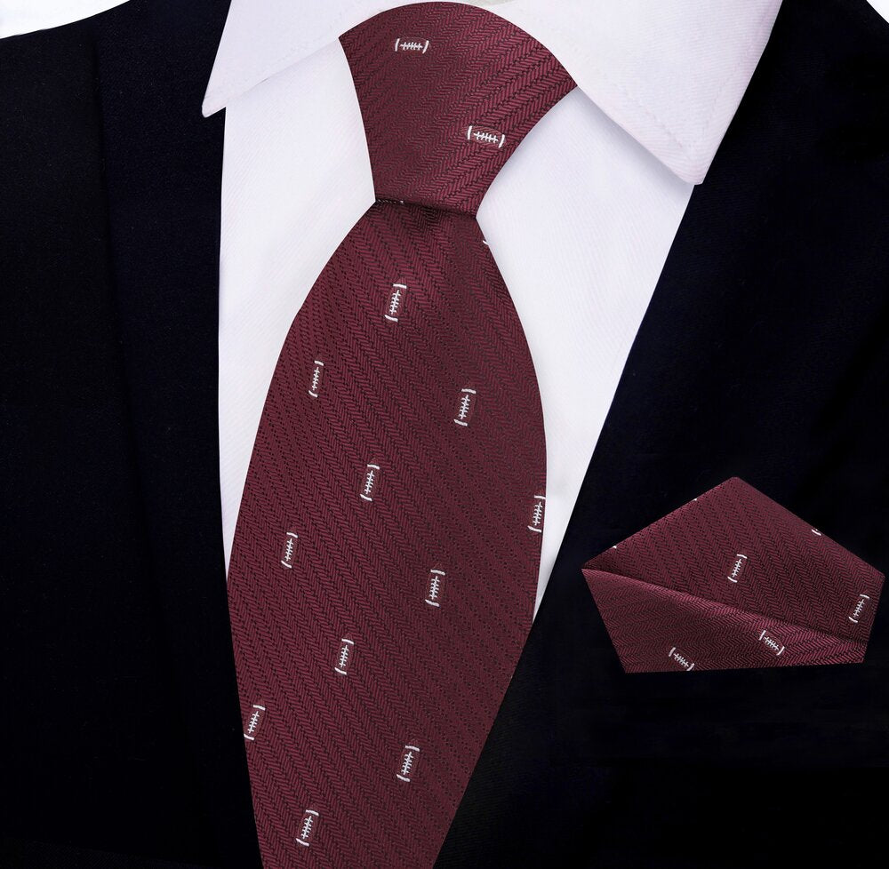 Deep Red Silk With Footballs Tie and Pocket Square||Deep Red