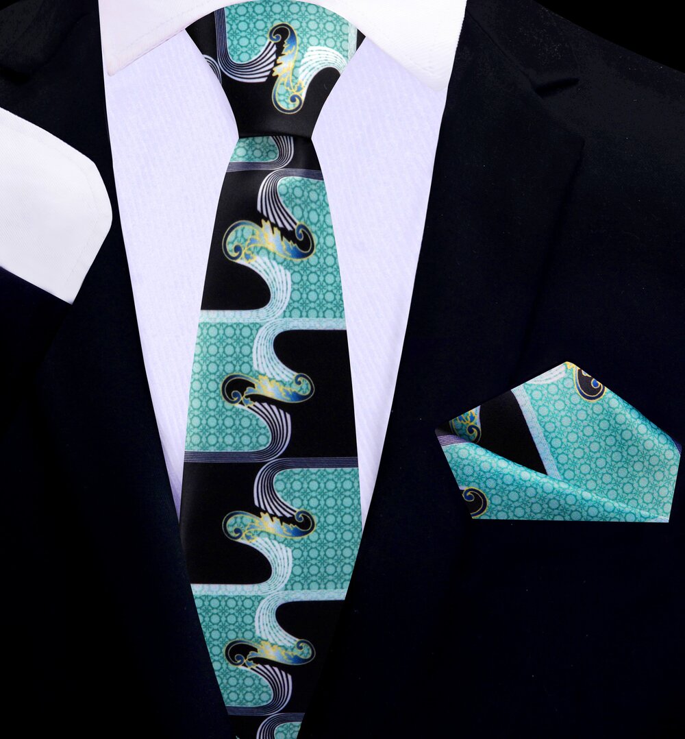 Thin tie Ice Black Abstract Waves Tie and Pocket Square||Ice
