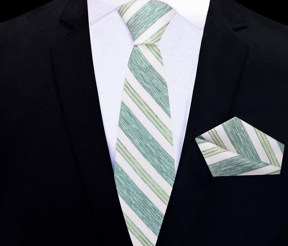 Thin Tie View: Green Shadow, Cream Stripe Tie and Pocket Square||Green