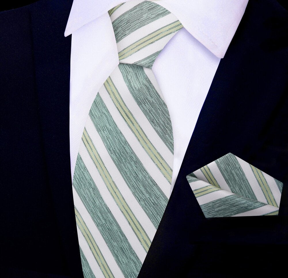 Green Shadow, Cream Stripe Tie and Pocket Square||Green