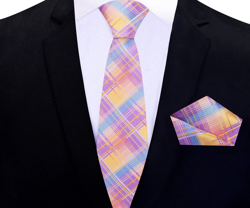 Thin Tie: Orange, Purple, Blue Plaid Tie and Pocket Square