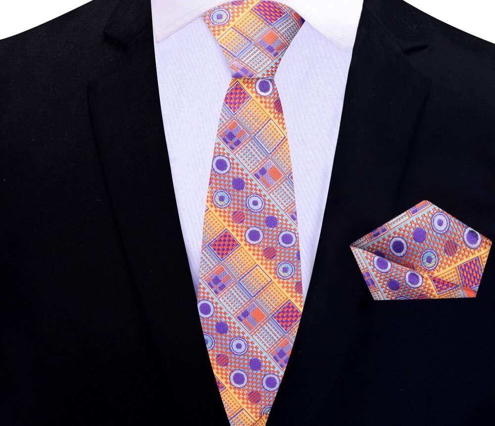 Thin Tie:  Orange, Purple Circles and Squares Tie and Pocket Square