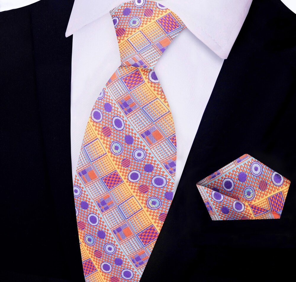  Orange, Purple Circles and Squares Tie and Pocket Square