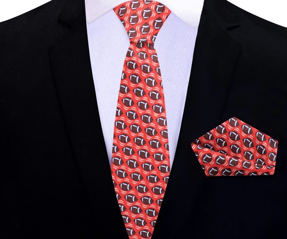 Red Brown Football Thin Tie and Pocket Square||Red