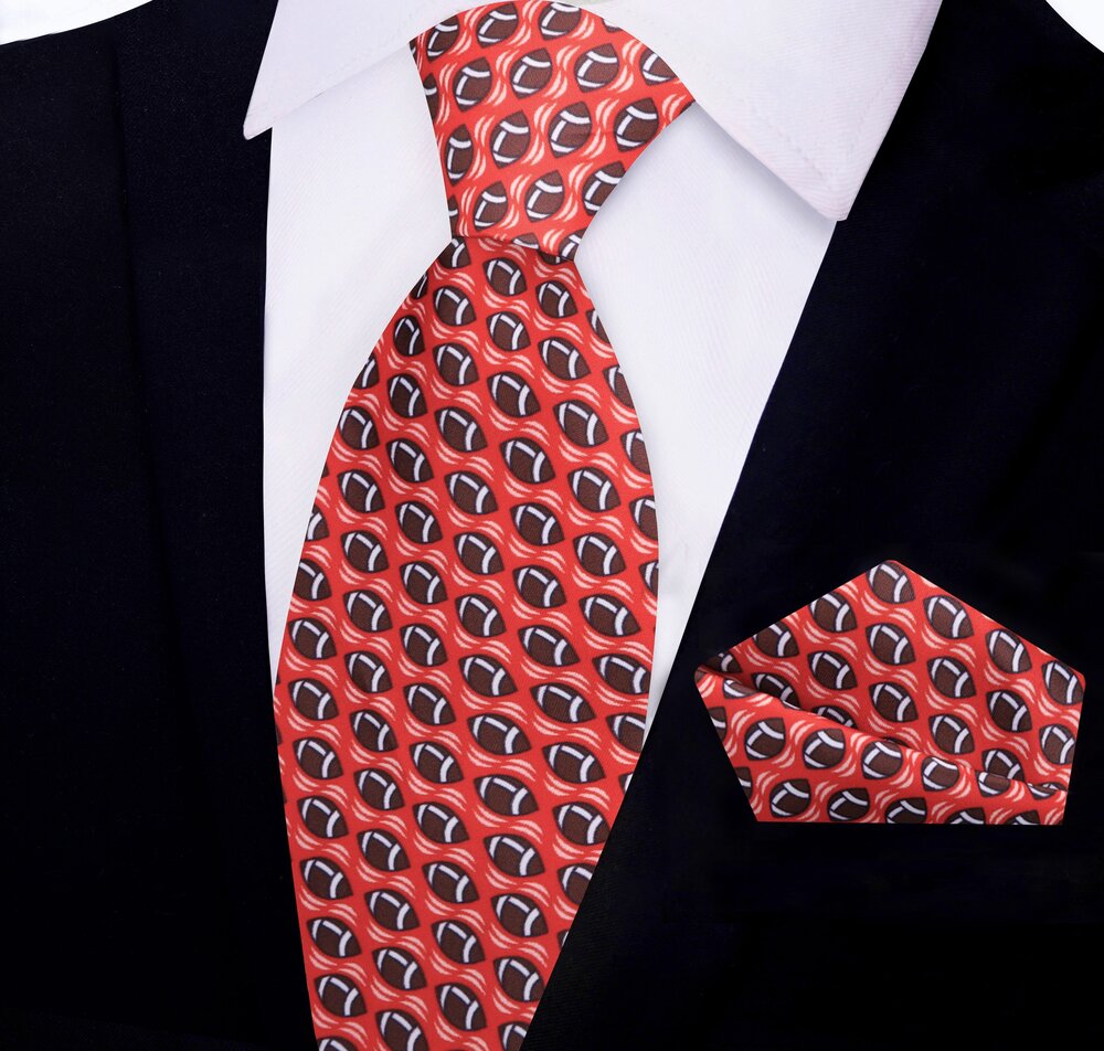 Red Brown Football Tie and Pocket Square||Red