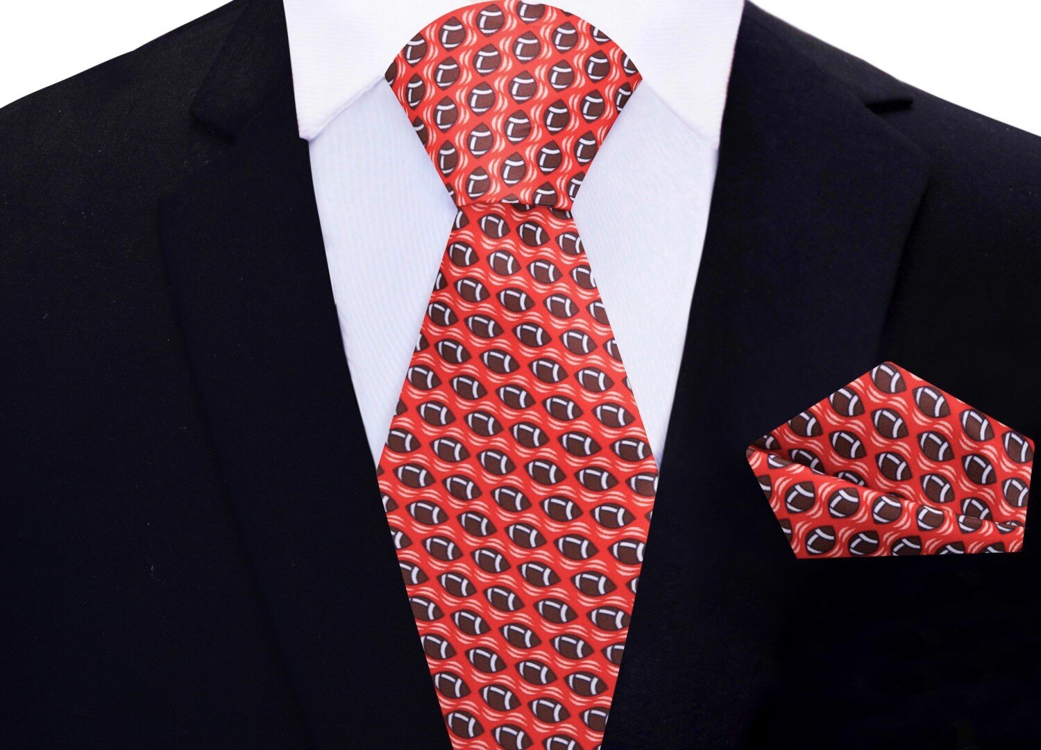 Alt View: Red, Brown Footballs Tie and Pocket Square