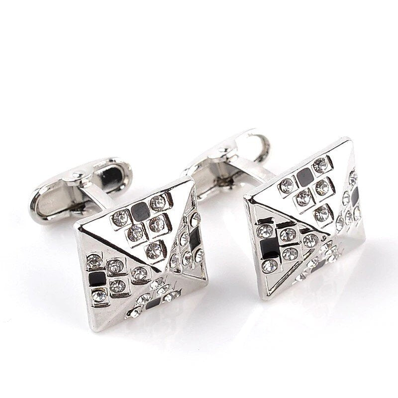 A Silver and Clear Color Pyramid Shape Cuff-links