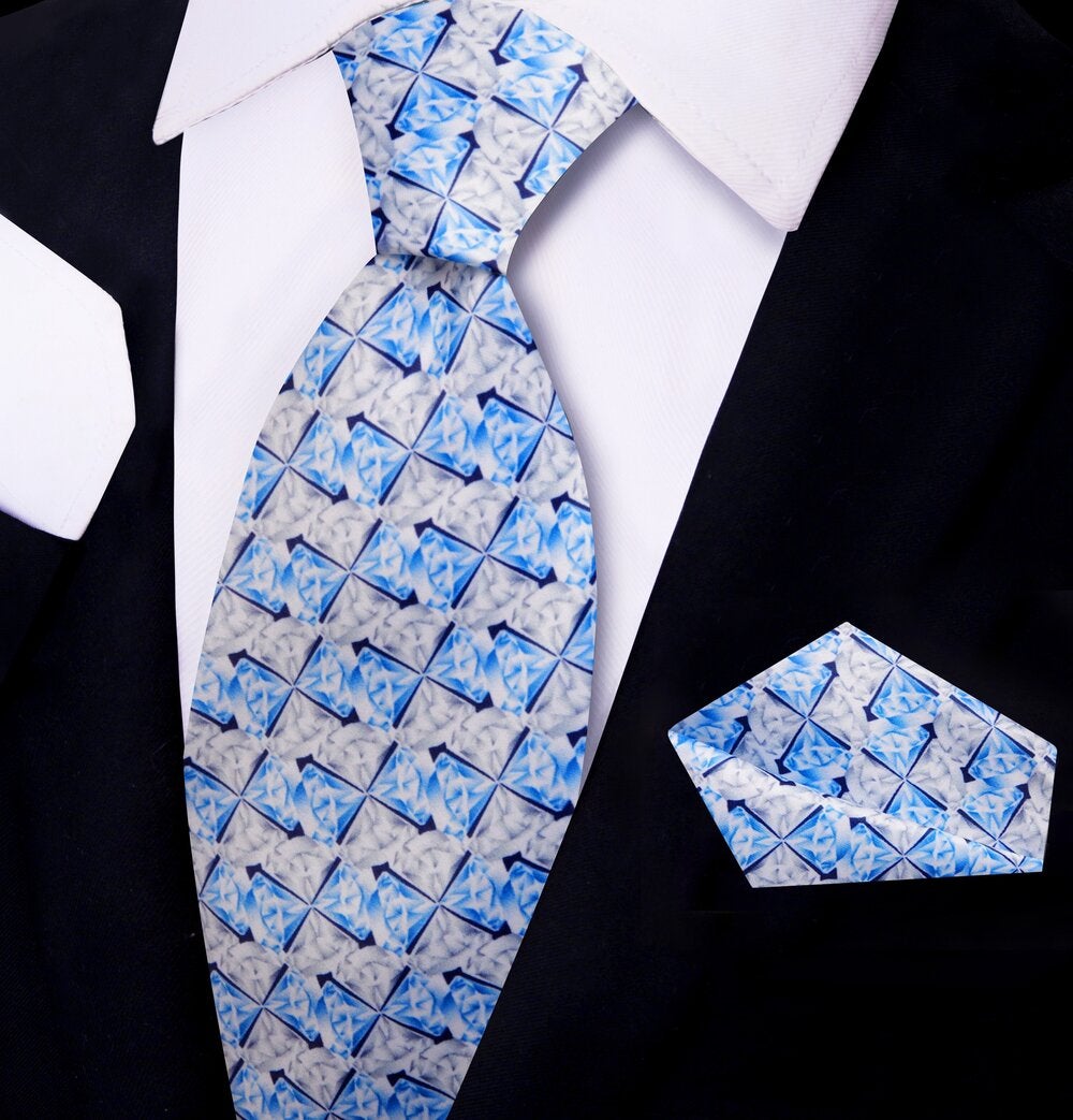 Blue, White and Grey Diamonds Tie and Pocket Square