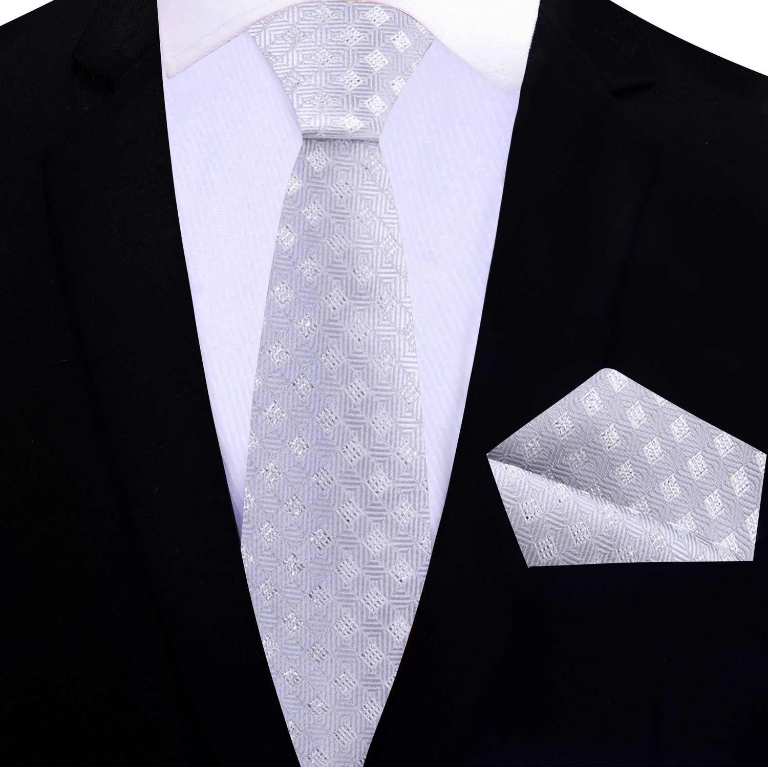 Thin Tie View: A Platinum Colored Tie With Metallic Looking Check Accent Pattern Silk Necktie With Matching Pocket Square