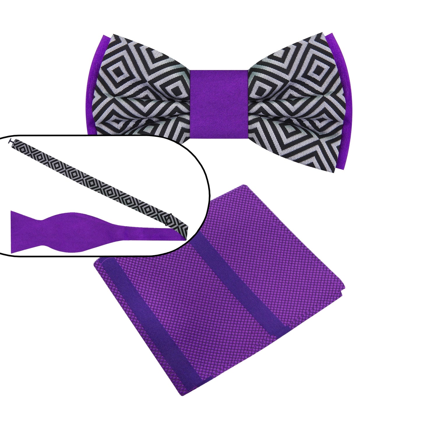 Main: Purple, Black, Grey Geometric Bow Tie and Accenting Pocket Square