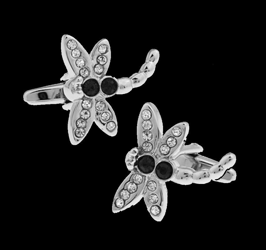 A Chrome, Black Color Dragonfly Pattern Pair of Cuff-links