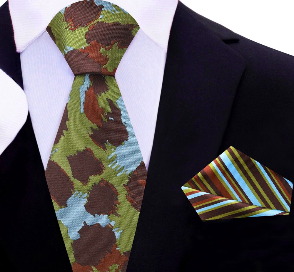 Main View Brown Green Cheetah Tie and Square