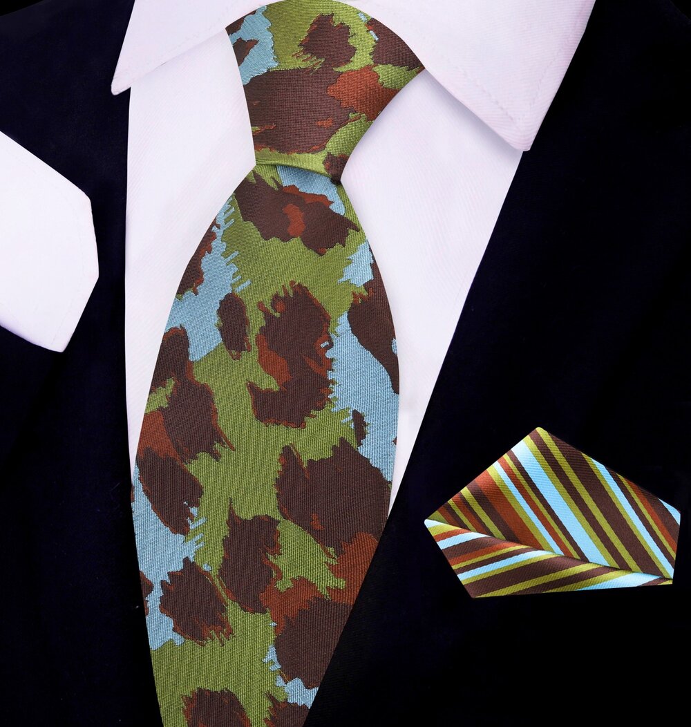 Brown Green Cheetah Tie and Square