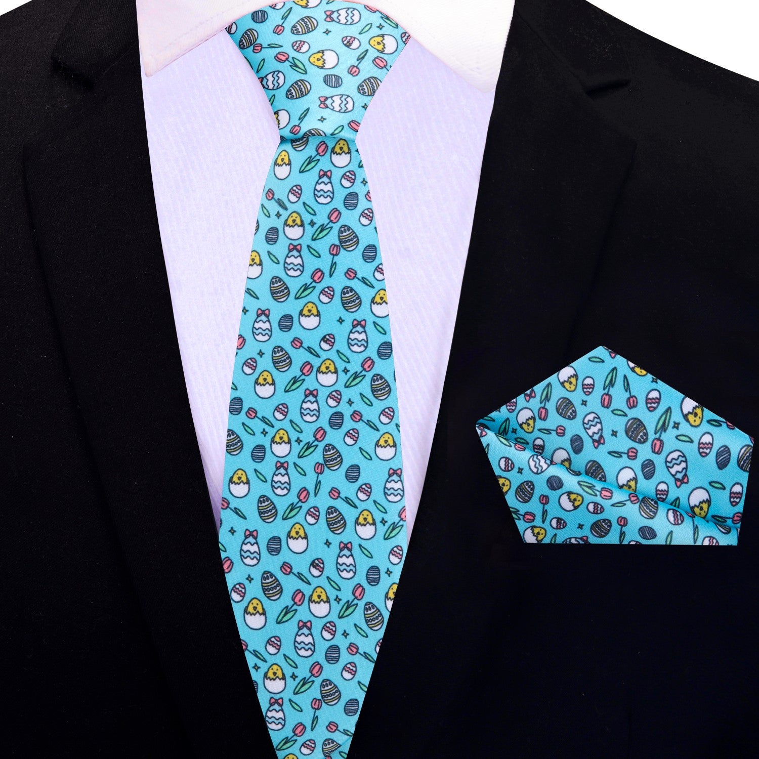 Light Blue, Yellow, Pink Easter Eggs and Chics Thin Tie and Pocket Square