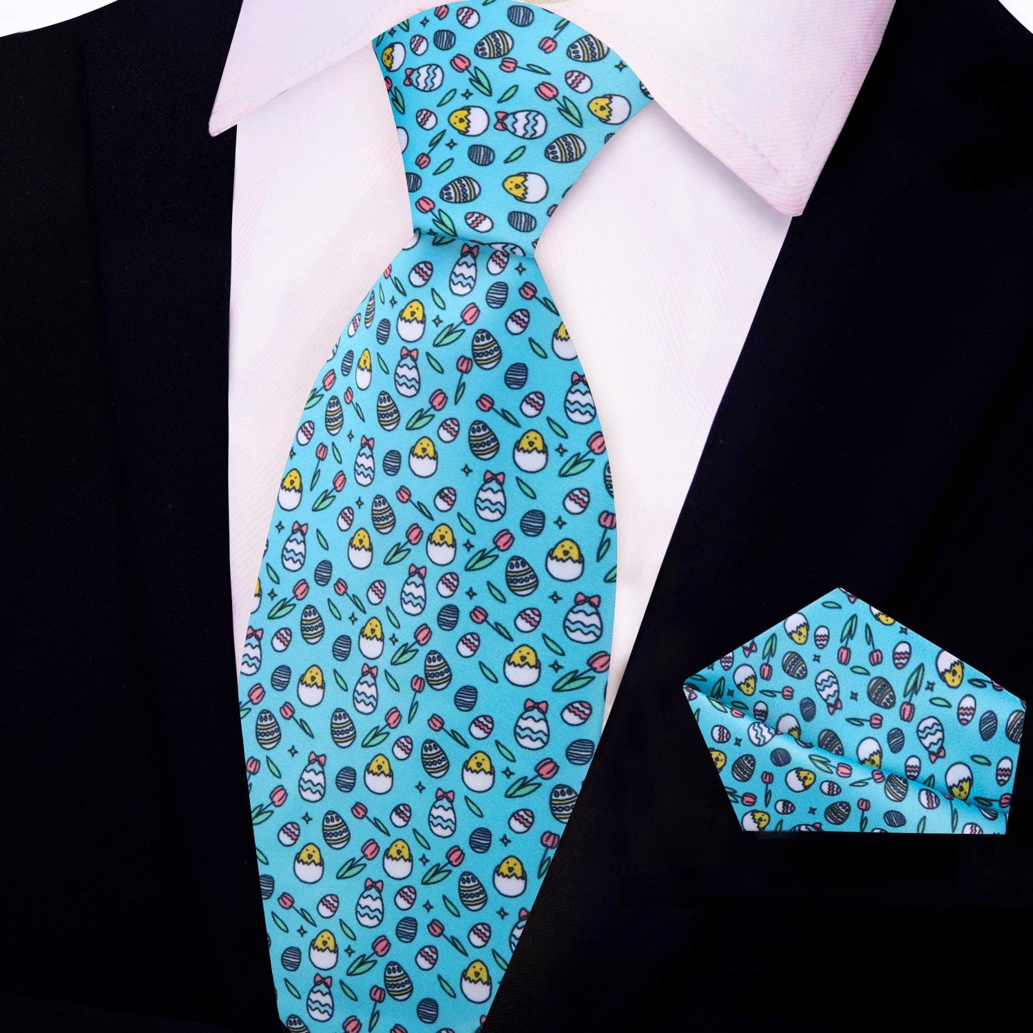 Light Blue, Yellow, Pink Easter Eggs and Chics Tie and Pocket Square