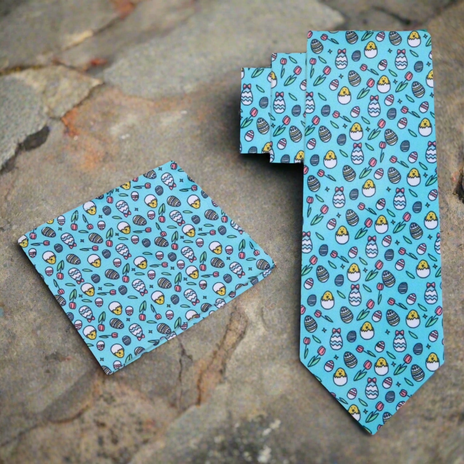 View 2 Light Blue, Yellow, Pink Easter Eggs and Chics Tie and Pocket Square