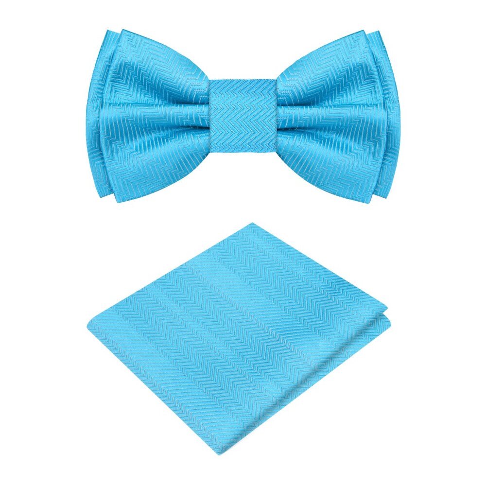 A Solid Electric Blue Pattern Silk Self Tie Bow Tie, Matching Pocket Square||Electric Blue